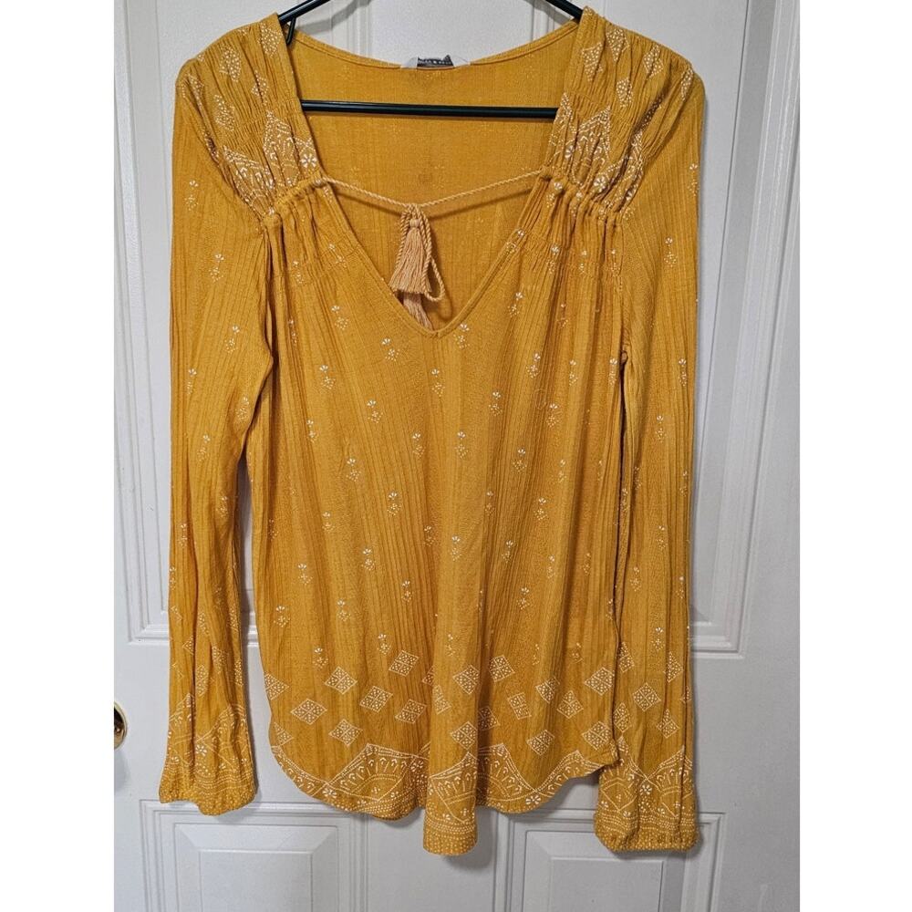 Boho Chic Mustard Yellow Embroidered Peasant Top with Tassels